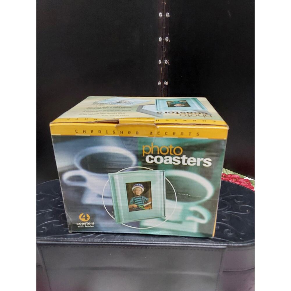 New Cherished Accents set of 4 Photo Coasters Quality beveled Glass in Box